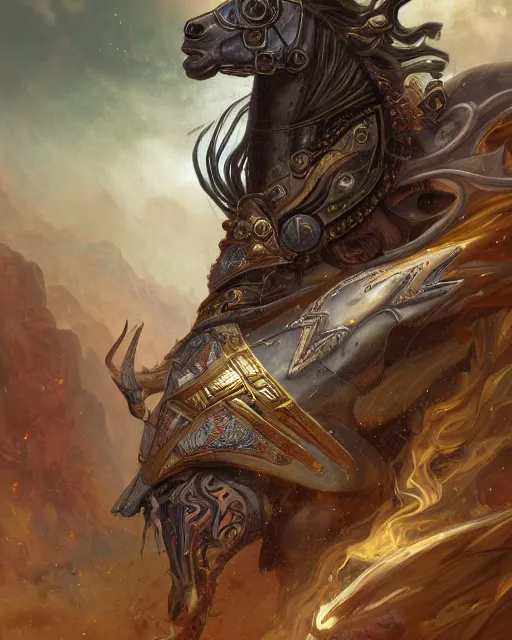 Image similar to Horse warrior, centered, portrait, symmetrical, Path of Exile, Diablo, Warhammer, digital painting, highly detailed, colorful concept art, gold, silver, copper colors, Nekro, Peter Mohrbacher, Alphonse Mucha, Brian Froud, Yoshitaka Amano, Kim Keever, Victo Ngai, James Jean