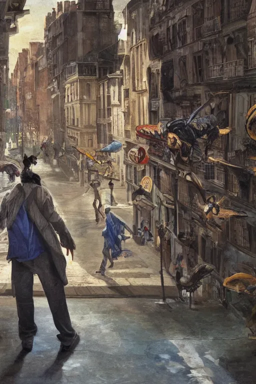 Prompt: in the foreground a Parisian street, in the background a brown man from the back with blue energy wings coming out of his back wearing a long matrix style jacket and starting to fly away, realistic, high definition, great details, dramatic scene, detailed and realistic hands, symmetrical face, realistic eyes, art of invincible