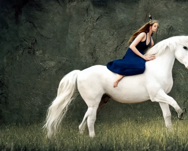 Prompt: photo of a woman riding a unicorn, photo by annie liebovitz