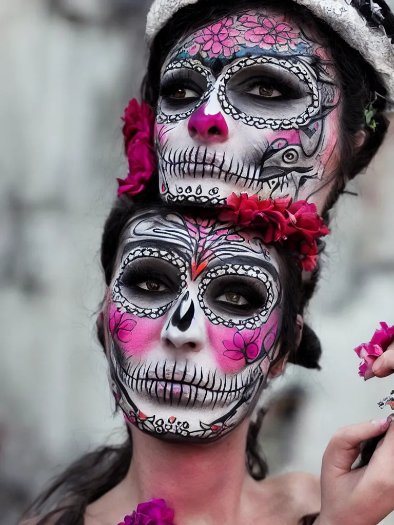 Image similar to a beautiful woman wearing day of the dead make - up, in the style of street art