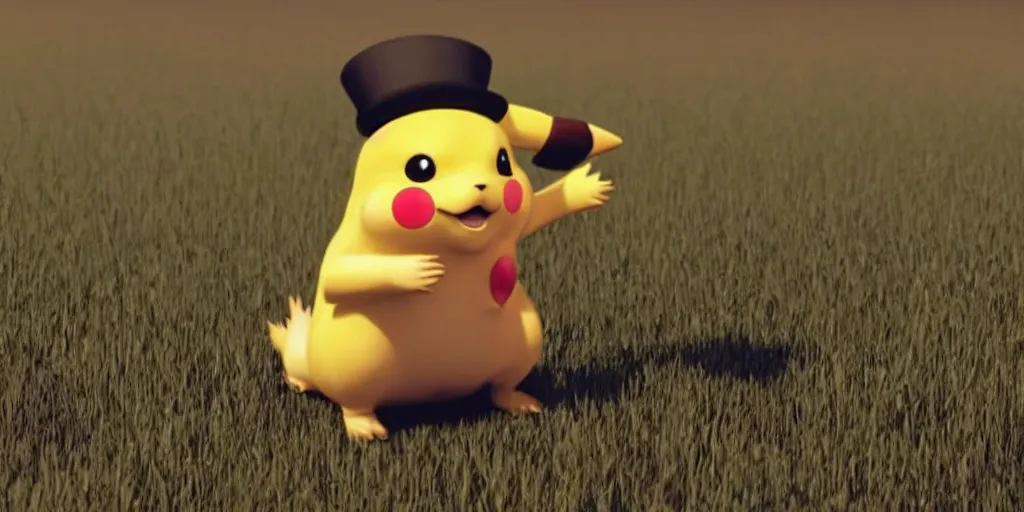 Prompt: hyper realistic Pikachu wearing a top hat and monocle in a beautiful field on a sunny day