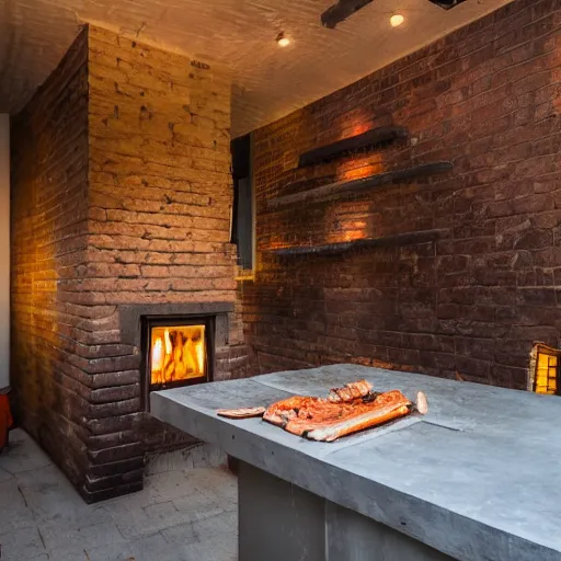 Image similar to wood fired bbq, brick construction, cosy, warm, yellow brick, artistic rendering 8k