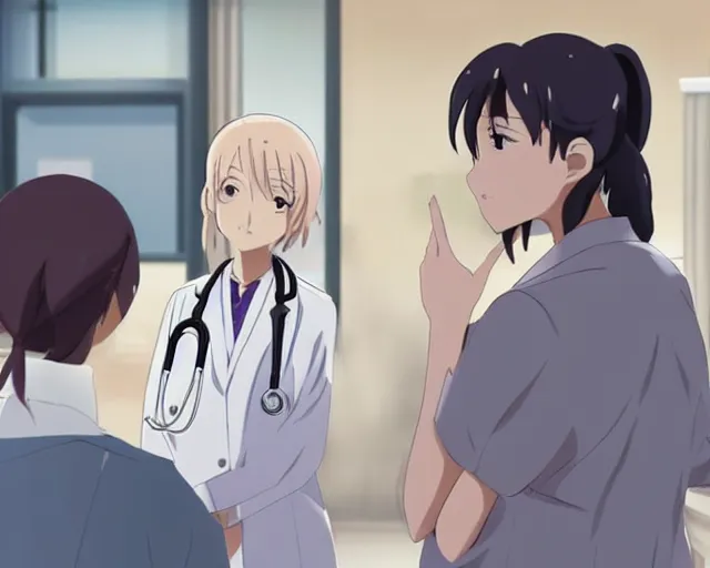 Image similar to a cute young female doctor wearing white coat are talking to a woman in a hospital, slice of life anime, lighting, anime scenery by Makoto shinkai