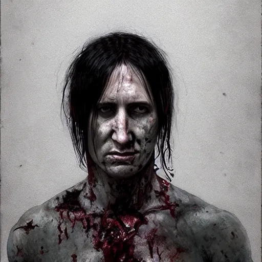 Image similar to young trent reznor as a zombie with shoulder length hair, 7 days to die zombie, realistic proportions, fine art, award winning, intricate, elegant, sharp focus, cinematic lighting, digital painting, 8 k concept art, art by brom, art by guweiz and z. w. gu, art by michael hussar, 8 k