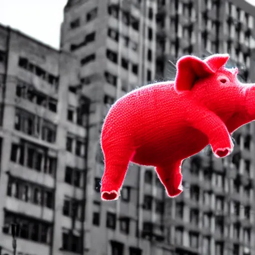 Prompt: pig in a red sweater flying in a cyberpunk city