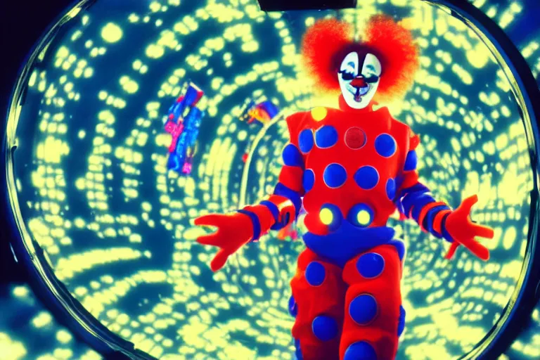 Prompt: friendly robo - clown emerging from a space portal in cyberspace, fractal, in 1 9 8 5, y 2 k cutecore clowncore, bathed in the glow of a crt television, crt screens in background, low - light photograph, in style of tyler mitchell
