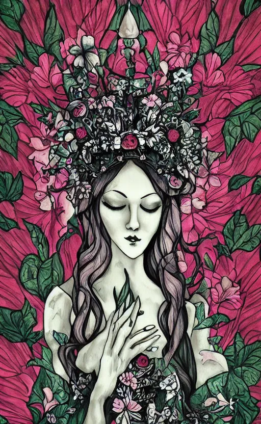 Image similar to tranquil oblivion, floral queen, Gothic flowers, artwork by artgem