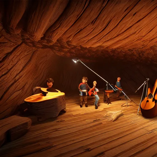 Image similar to A photorealistic wood log cave 3d music studio in with virtual people playing instruments, light rays coming out of the windows, bounce lighting, unreal engine, photorealistic