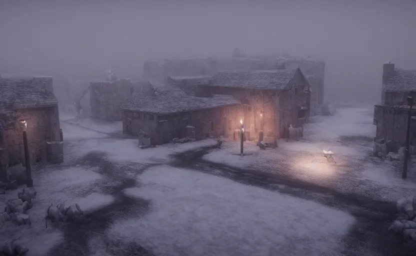 Image similar to King's Landing in the snowstorm at night, doomy, Unreal Engine, cinematic photography, highly-detailed, games of thrones, HBO, high resolution, 8k, photorealistic, stunning volumetric lighting