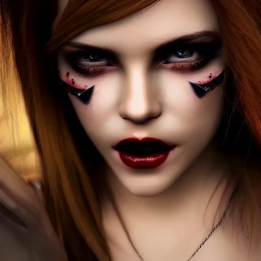 Image similar to beautiful vampire queen, eye contact ,highly detailed, 4k, HDR, smooth, sharp focus, hyper realistic, high resolution, award-winning photo