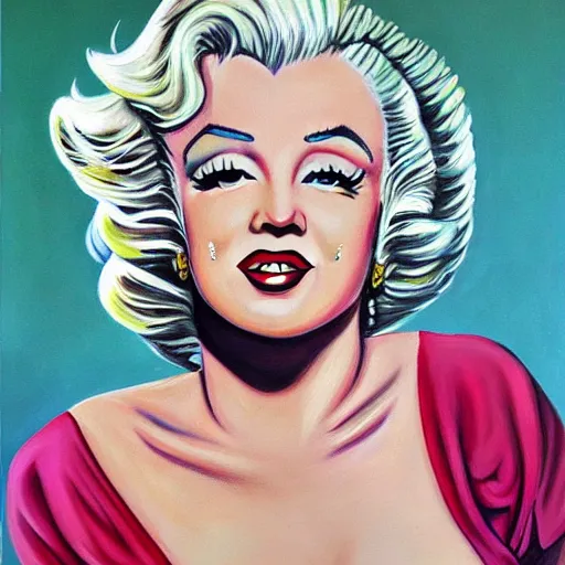 Prompt: beautiful lifelike painting of marilyn monroe on my back, art by ed roth and basil wolverton