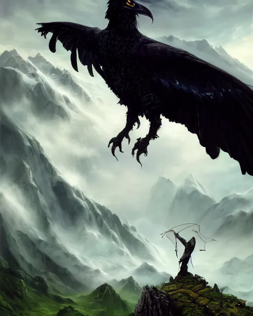 Prompt: oil painting of a Anthropomorphized raven shaman casting spell on mountain, in the clouds behind transparant spirit of green dragon, sharp focus, heroic pose, fantasy style, octane render, volumetric lighting, 8k high definition, by greg rutkowski, highly detailed, trending on art Station, magic the gathering artwork, mountain background, centered