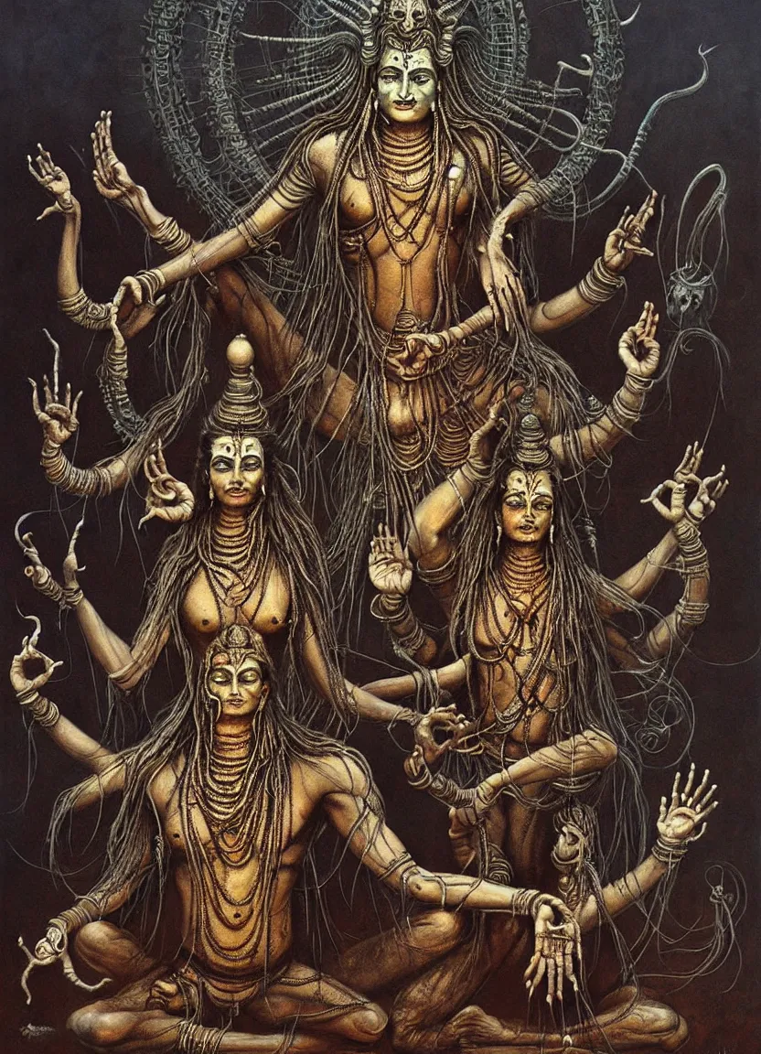 Prompt: Many-armed Shiva is dancing. Dark colors, high detail, hyperrealism, intricate details, masterpiece, art by Greg Broadmore, Esao Andrews, Beksinski, Giger