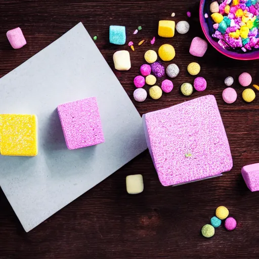 Image similar to photograph of a marshmallow cube with sprinkles on a dark wooden chopping board, pastel colours, hessian cloth, styled food photography, photorealistic, 4 k