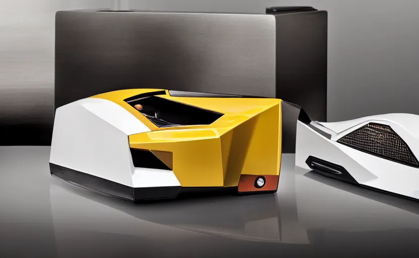 Prompt: a lamborghini brand toaster with sliced bread in slots, bold aggressive futuristic angular design style, professional product shot