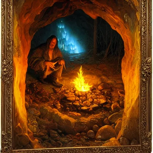 Prompt: the wrinkled face of a magical old crone looking into a flame in a cave Thomas kincade painting