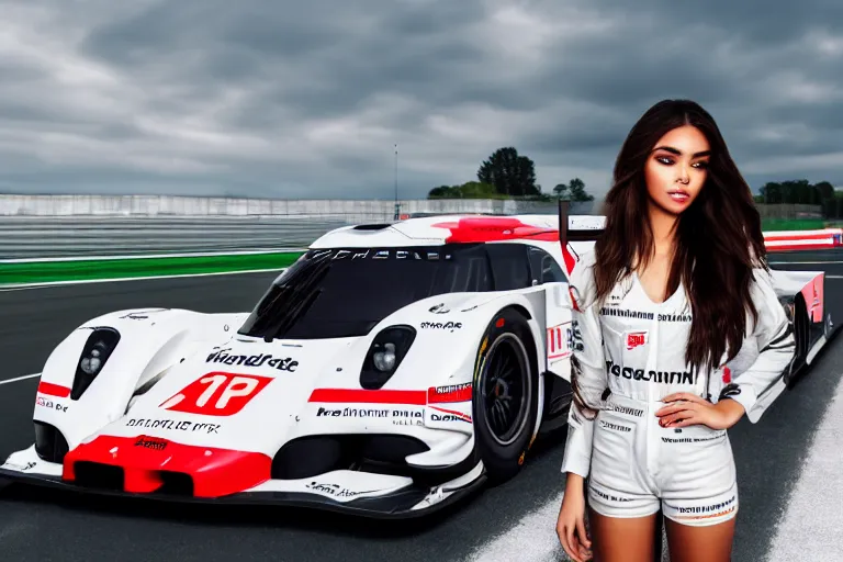 Prompt: a highly detailed, beautiful photo of a madison beer standing beside a ( ( porsche 9 1 9 ) ), at the 2 4 hour of le mans, symmetrical face, beautiful eyes, realistic, 8 k, award winning photo, motor sport photography, natural lighting, adobe photoshop, final render