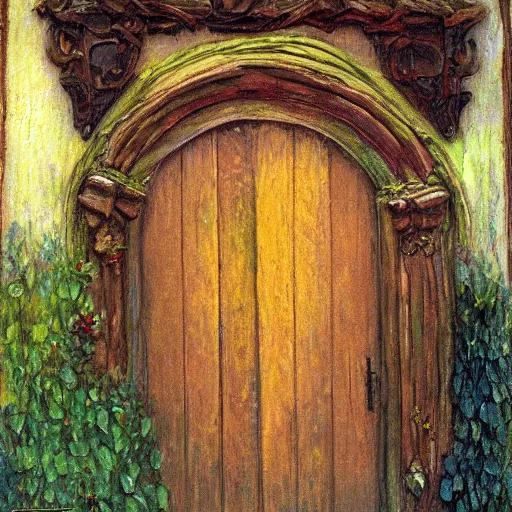 Image similar to Ornate Wooden Door at the entrance of the Elven Dwelling, impressionistic painting