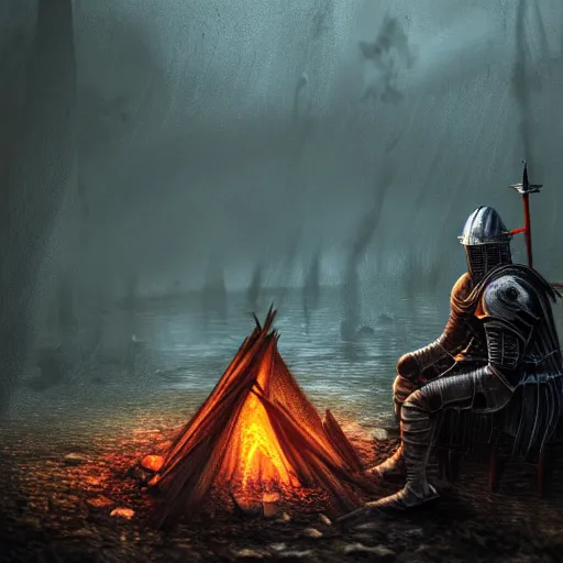 Image similar to fume knight boss from dark souls 2 sitting near a camp fire, evening time, heavy rain, rain water reflections in ground, digital illustration, crisp details, highly detailed art, 8k image quality, full body camera shot