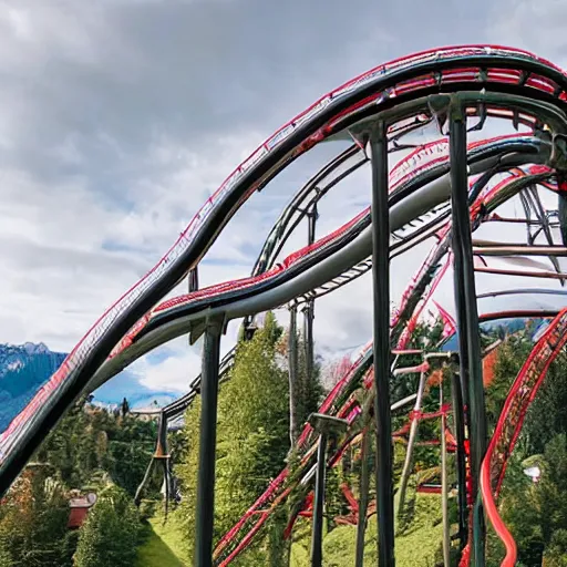 Prompt: a rollercoaster with twists and turns in a beautiful swiss landscape