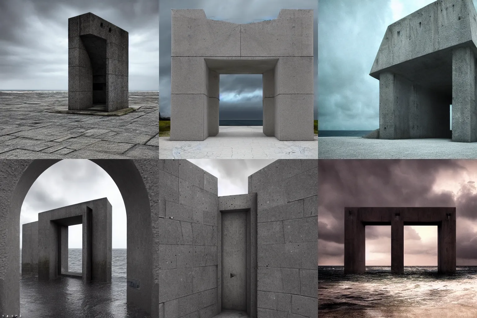 Prompt: a doorway at a beautiful, photo-realistic, surreal, and mysterious brutalist monument at the ocean under the stormy sky. trending on artstation.