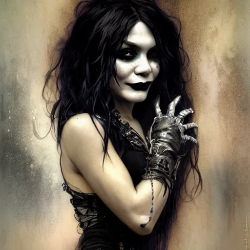 Image similar to beautiful portrait of vanessa hudgens as death from sandman, smiling, by cedric peyravernay, alphonse mucha, by jeremy mann, by lecouffe deharme, goth chic, soft lightning, eyeliner, punk rock, high detailed, 8 k