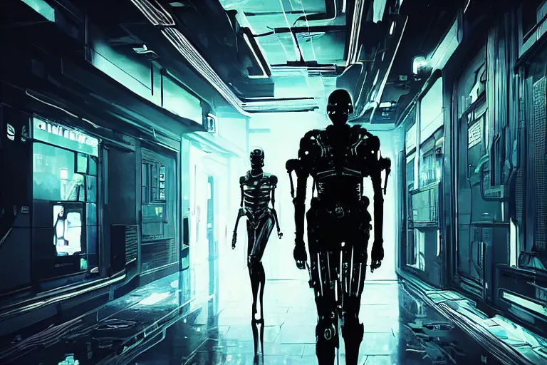 Prompt: cyberpunk single skeletal black mecha android walking inside hallway, Skeletal face !!!!!!singular-eye!!!!!!!!. long limbs black shiny. glowing_red_eye volumetric lighting slightly hazy. RTX UE5 Artstation Bladerunner_2049_scene!!!!!! Cyberpunk 2077 bladerunner2049!!! bladerunner!!! black android walking down white hallway slightly offset fancy hallway. reflective-room!!!!! Tom Bagshaw Greg Rutkowski Alphonse Mucha,.