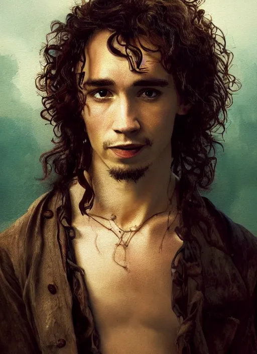 Image similar to a beautiful painting portrait movie poster of Robert Sheehan in Pirates of the Carribean 6, matte painting, fantasy art, dark but detailed digital art, highly detailed, a masterpiece trending on artstation. Robert Sheehan as a young but messy pirate and layabout in this HD preview poster