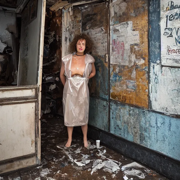 Image similar to closeup portrait of a woman wrapped in plastic, standing in a derelict coffee shop cafe, color photograph, by vincent desiderio, canon eos c 3 0 0, ƒ 1. 8, 3 5 mm, 8 k, medium - format print