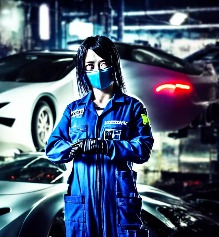 Prompt: a photo close up a female mechanic standing next to cyberpunk car,, wearing mask, cyberpunk garage, cyberpunk gunma prefecture, midnight, photorealistic, cinematic color, studio lighting, highly detailed, bokeh, style by tomino - sama