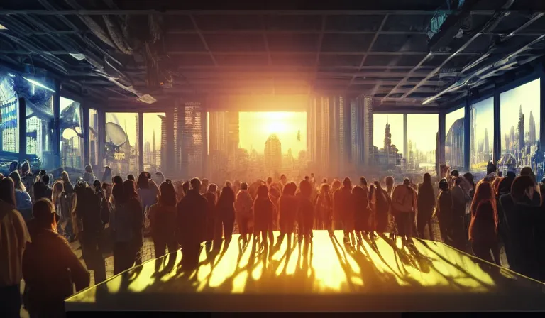 Prompt: crowd of people in simple warehouse, looking at hologram of futuristic city on a table, cinematic concept art, godrays, golden hour, natural sunlight, 4 k, clear details, tabletop model buildings, center model buildings, hologram center, crane shot, crane shot, crane shot