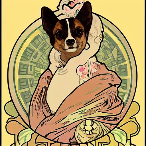 Image similar to a cute dog in the style of alphonse mucha