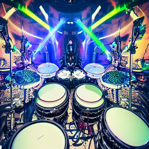 Prompt: photo of huge robotic drumset on a concert tage, the drumset is futuristic steampunk style with gears and tubes, 8 k, fluorescent colors, halluzinogenic, multicolored, exaggerated detailed, unreal engine - w 7 6 8