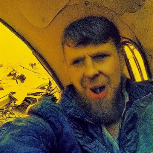 Image similar to a selfie of a ukrainian on the background of a nuclear explosion in yellow - blue rags shoots himself in the head to die a less painful death