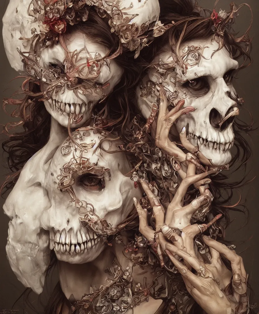 Image similar to Hyperrealistic portrait of skull clown, fantasy, intricate, elegant, highly detailed, digital painting, artstation, concept art, sharp focus, illustration, art by artgerm and greg rutkowski and alphonse mucha