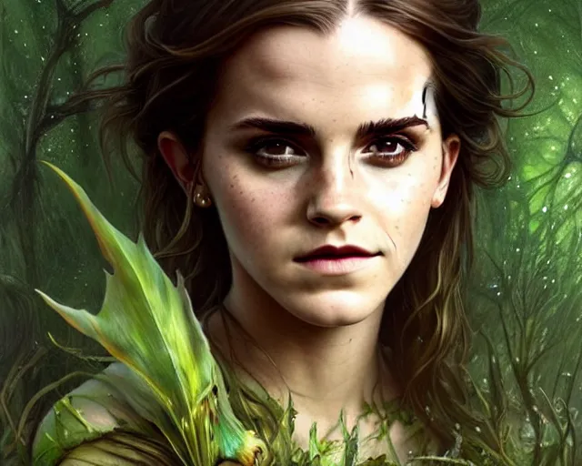 Image similar to mindblowing portrait of emma watson as a swamp witch, green skin, deep focus, d & d, fantasy, intricate, elegant, highly detailed, digital painting, artstation, concept art, matte, sharp, illustration, hearthstone, art by artgerm and greg rutkowski and alphonse mucha