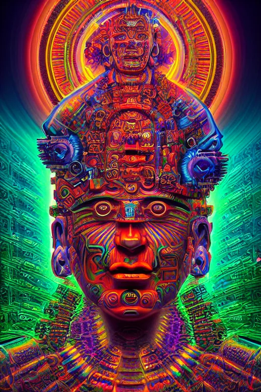 Prompt: digital god aztec mayan latin american entity cyberpunk buddhist spiritual techno capitalist psychedelic dmt hyperreal, concept art, cinematic, 3 d models, surrealism, colorfull, hyper detail by alex grey and pedro friedeberg