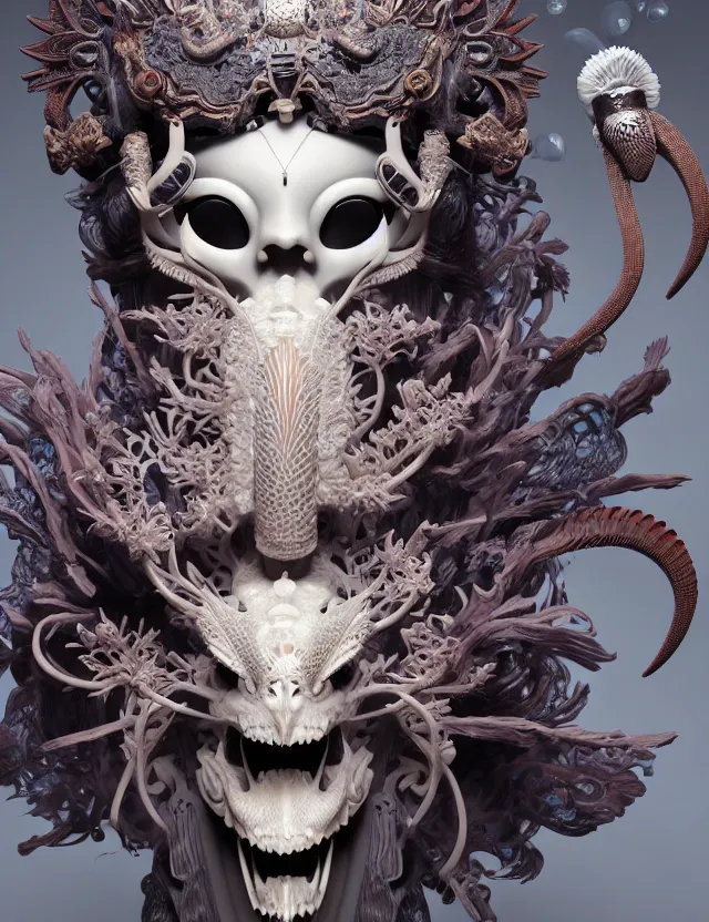 Image similar to 3 d goddess of hell close - up profile portrait with ram skull. beautiful intricately detailed japanese crow kitsune mask and clasical japanese kimono. betta fish, jellyfish phoenix, bio luminescent, plasma, ice, water, wind, creature, artwork by tooth wu and wlop and beeple and greg rutkowski