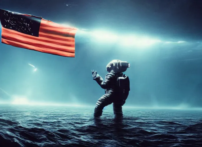 Image similar to astronaut holding a flag in an underwater desert. a submarine is visible in the distance. dark, concept art, cinematic, dramatic, atmospheric, 8 k, trending on artstation, blue, fish, low visibility, fog, ocean floor, christopher nolan, interstellar