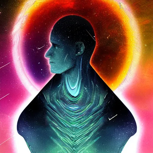 Prompt: a human who transcended, with the universe in his body, digital art, concept art