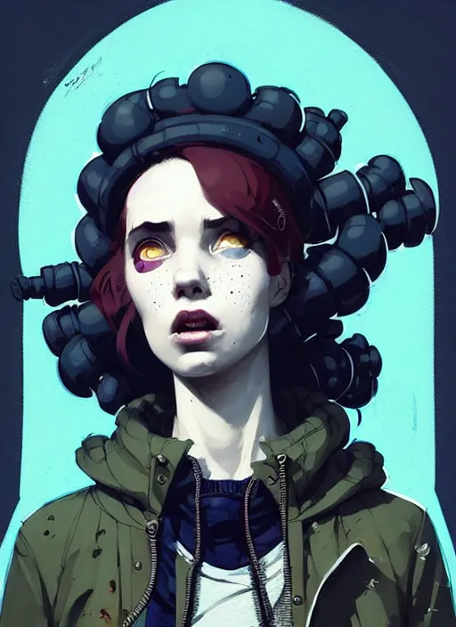 Image similar to highly detailed portrait of a sewer punk lady, tartan hoody, ringlet hair by atey ghailan, by greg rutkowski, by greg tocchini, by james gilleard, by joe fenton, by kaethe butcher, gradient light blue, black, cream and white color scheme, grunge aesthetic!!! ( ( graffiti tag wall background ) )