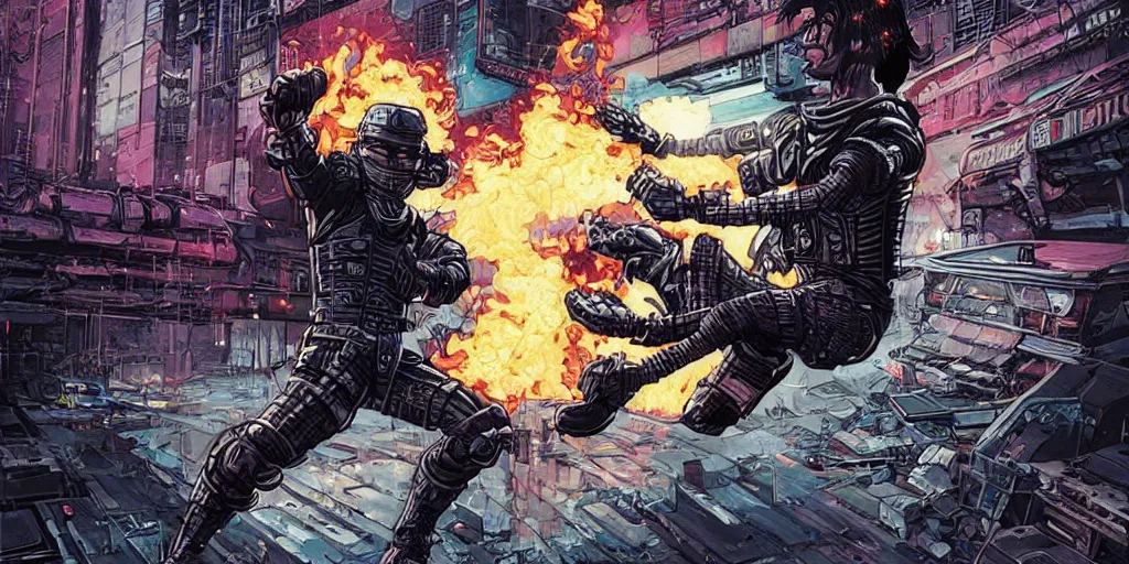 Prompt: Cyberpunk ninja roundhouse kick. Epic painting by James Gurney and Laurie Greasley.