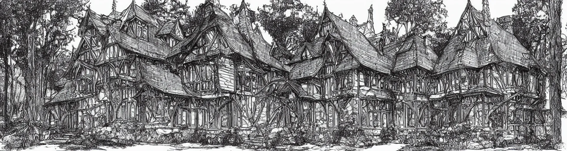 Image similar to a beautiful Tudor style house in the woods, a pen and ink drawing by Franklin Booth, fineliner drawing