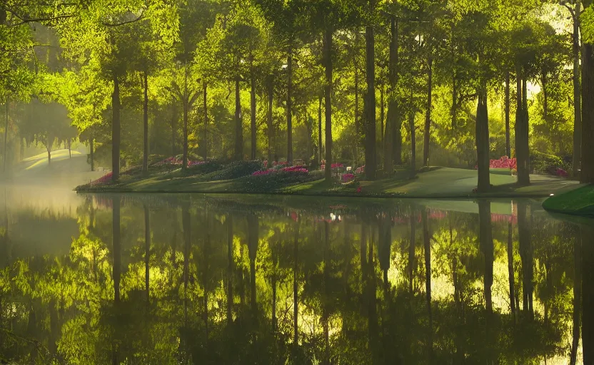 Prompt: augusta national, the masters, many beautiful flowers and magnlia trees, completely flooded with brown water, beautiful ambient light, fog,