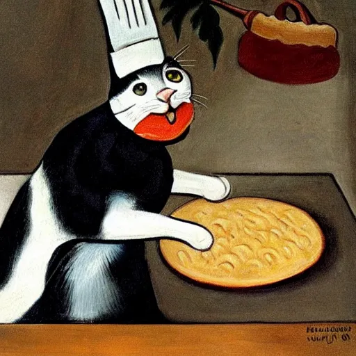 Image similar to a highly detailed painting of a cat with a chef hat baking cookies, done in the style of matisse, caravaggio