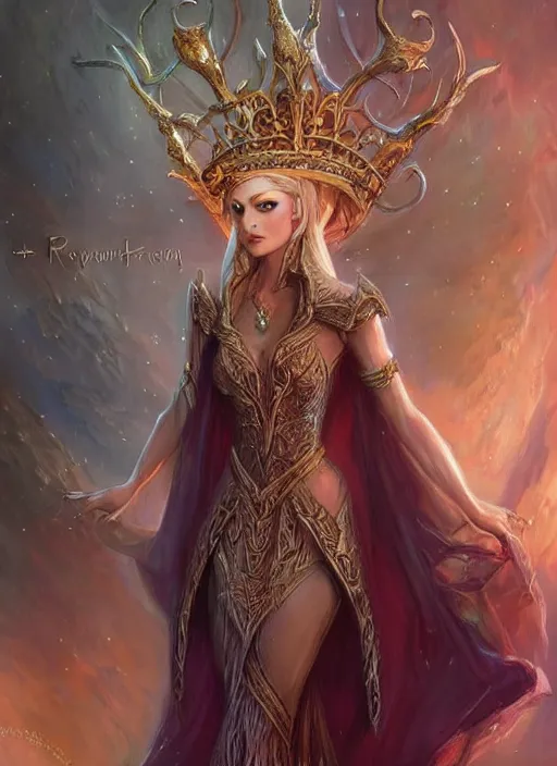 Image similar to elegant beautiful elven queen wearing a crown, ultra detailed fantasy, dndbeyond, bright, colourful, realistic, dnd character portrait, full body, pathfinder, pinterest, art by ralph horsley, dnd, rpg, lotr game design fanart by concept art, behance hd, artstation, deviantart, hdr render in unreal engine 5