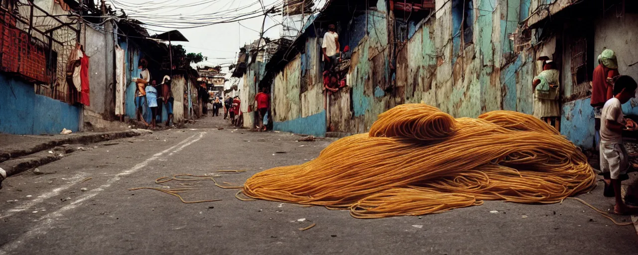 Prompt: spaghetti on the streets of a favela, sao paolo, nikon 2 8 mm, f 1. 8, kodachrome, retro, in the style of wes anderson