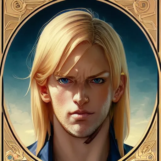 Prompt: highly detailed vfx portrait of a blond centre parting pretty boy with blue eyes by eiichiro oda, makoto shinkai, alphonse mucha, sharp focus, art by artgerm and greg rutkowski!, backlit, harsh overhead sunlight, detailed,