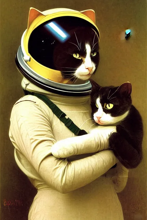 Image similar to portrait of a cat astronaut with spacesuit and helmet, majestic, solemn, by bouguereau