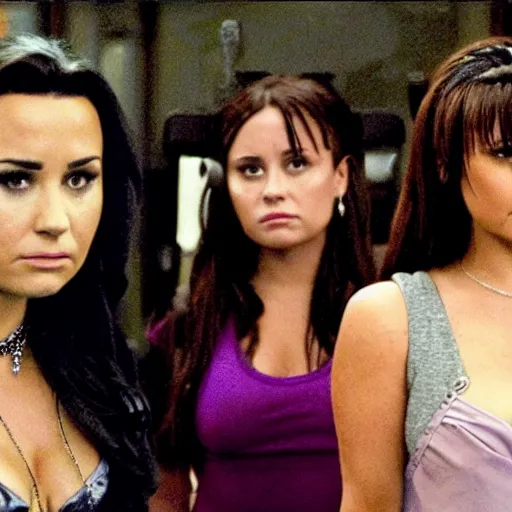 Image similar to Demi Lovato as Piper Halliwell and Selena Gomez as Phoebe Halliwell and Ariana Grande as Prue Halliwell in a Charmed movie directed by Christopher Nolan, movie still frame, promotional image, imax 35 mm footage